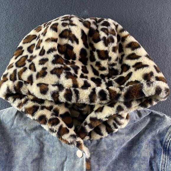 12PM by Mon Ami Jean Jacket Cheetah Trimmed Lined Faux Sherpa Size Large Animal - Picture 5 of 14